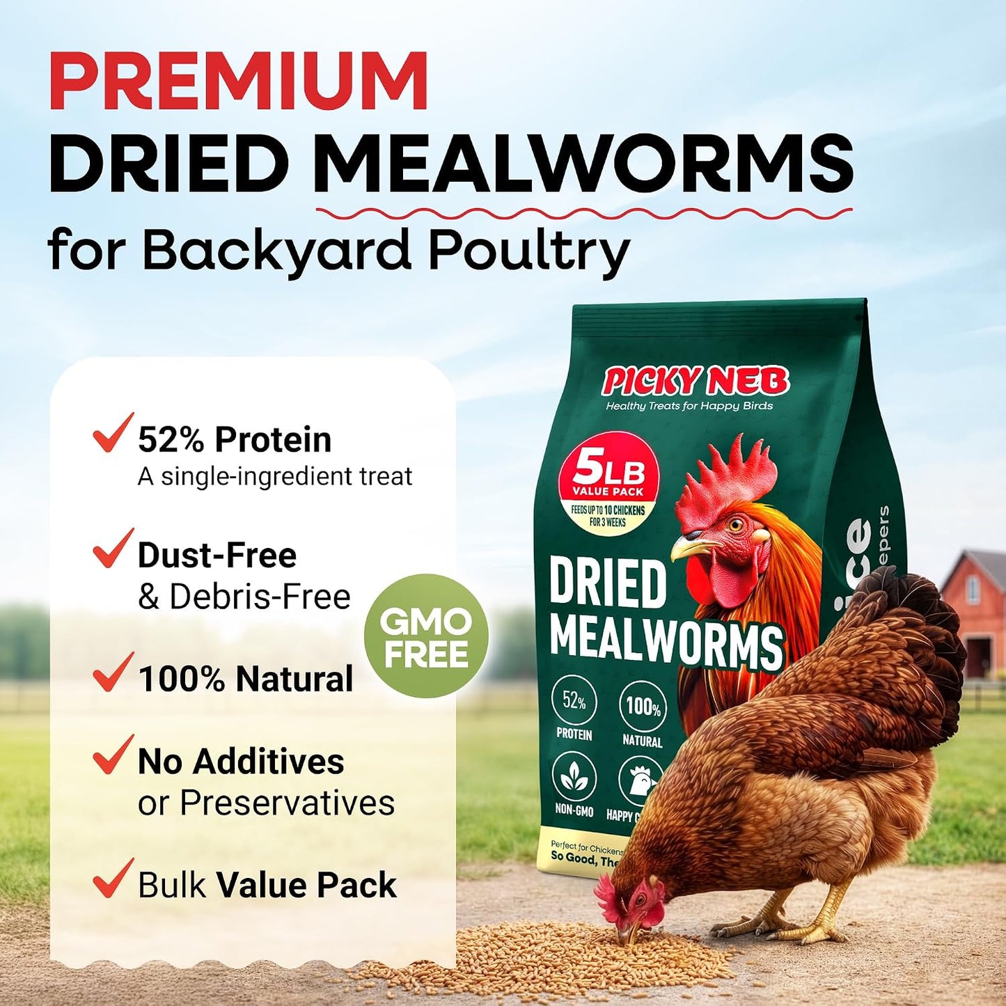 Dried Mealworms Non-Gmo 5 Lb High-Protein for Chickens & Birds | Perfect High-Protein Treat for Ducks, Wild Birds & Bluebirds, Whole Large Dried Mealworms Bulk, No Additives or Preservatives