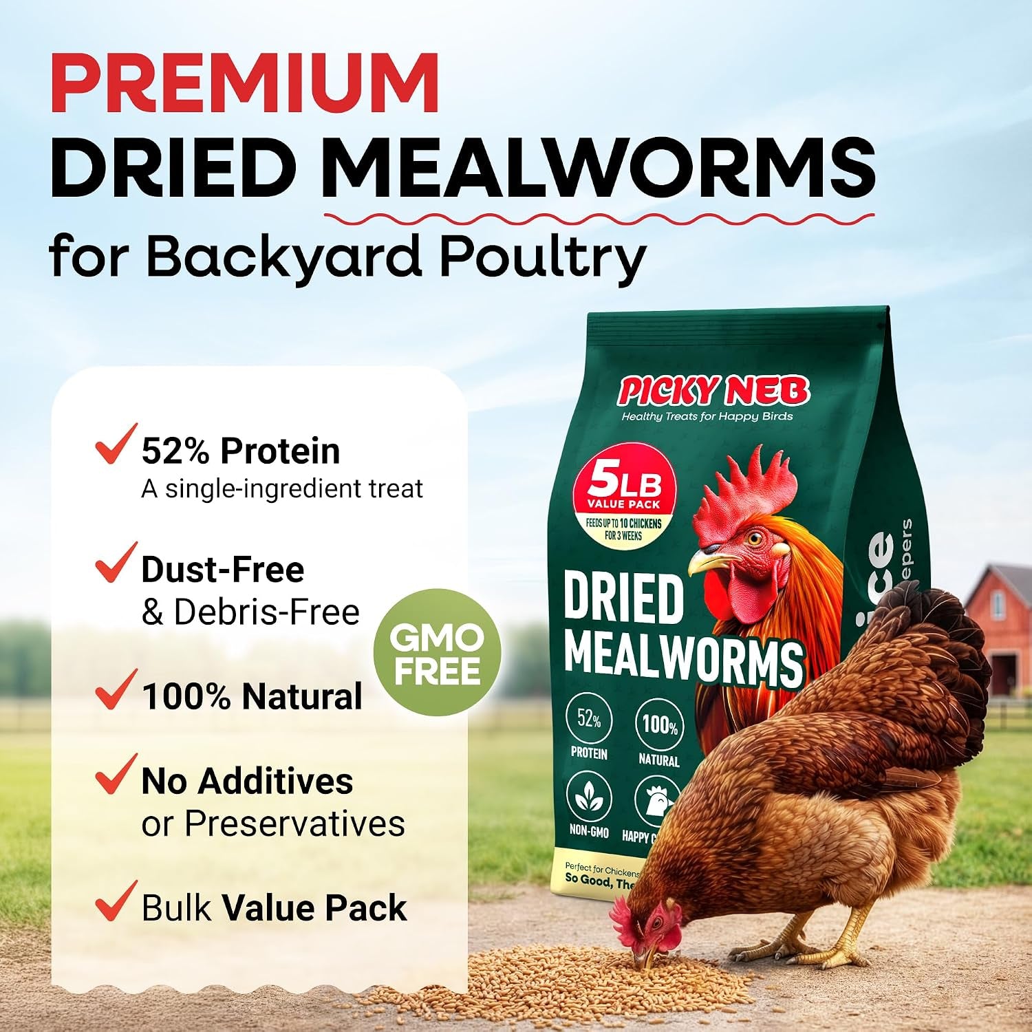 Dried Mealworms Non-Gmo 5 Lb High-Protein for Chickens & Birds | Perfect High-Protein Treat for Ducks, Wild Birds & Bluebirds, Whole Large Dried Mealworms Bulk, No Additives or Preservatives