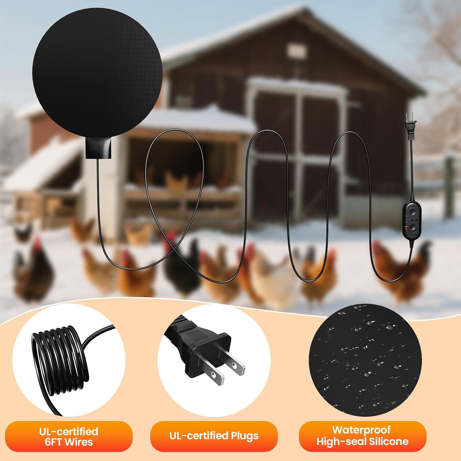 Chicken Water Heater for Winter, 6'' Heated Waterer Base for Metal/Plastic Poultry Waterer, 2-Temperature Settings, Built-In Thermostat (140°F - 194°F), Silicone Coop Heater with 6Ft Power Cord (2Pcs)