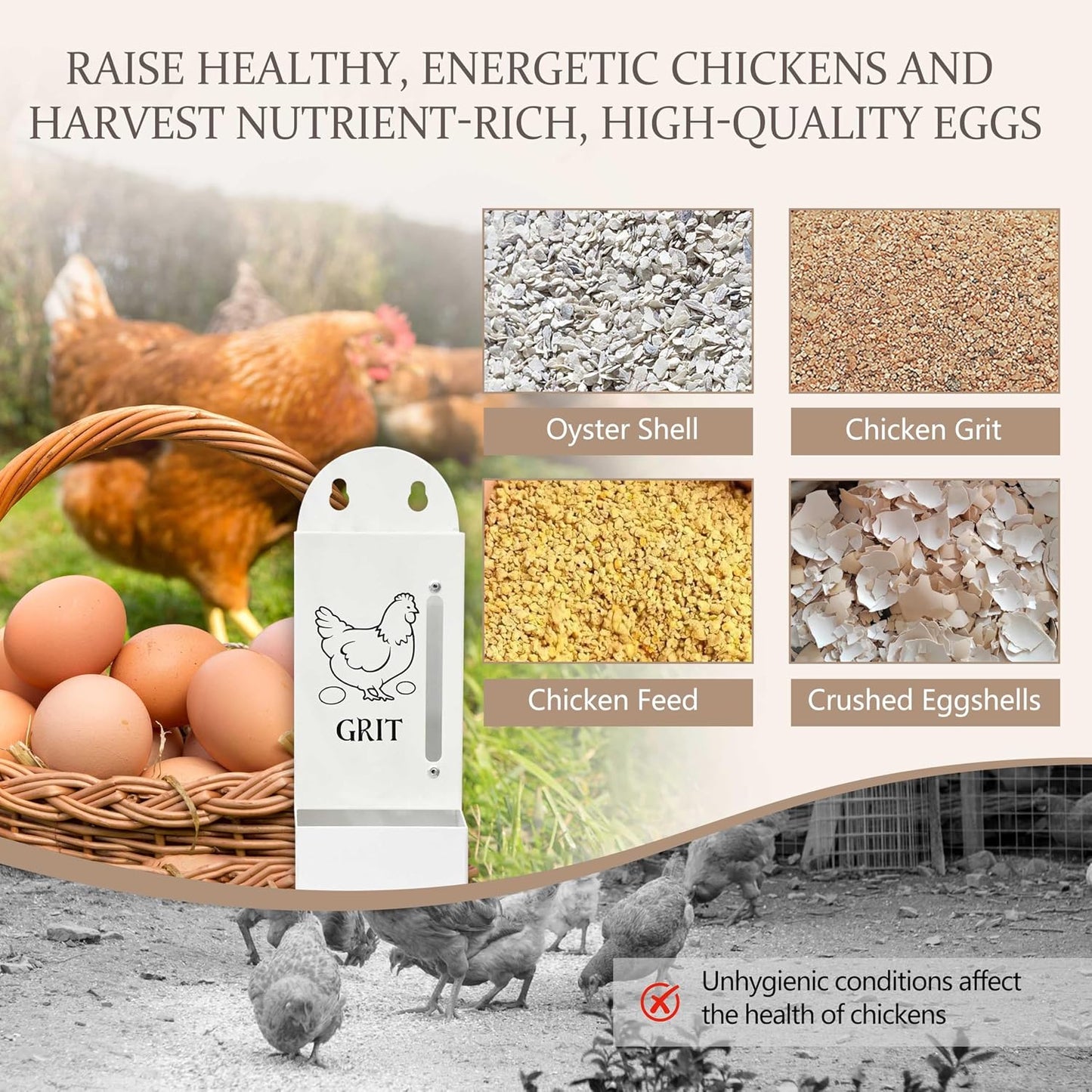 Chicken Grit and Oyster Shell Feeder, Poultry Feeder with Visual Window, No-Mess Weatherproof, Metal Hanging Gravity Chicken Feeder, Chicken Coop Accessories (Oyster-White)