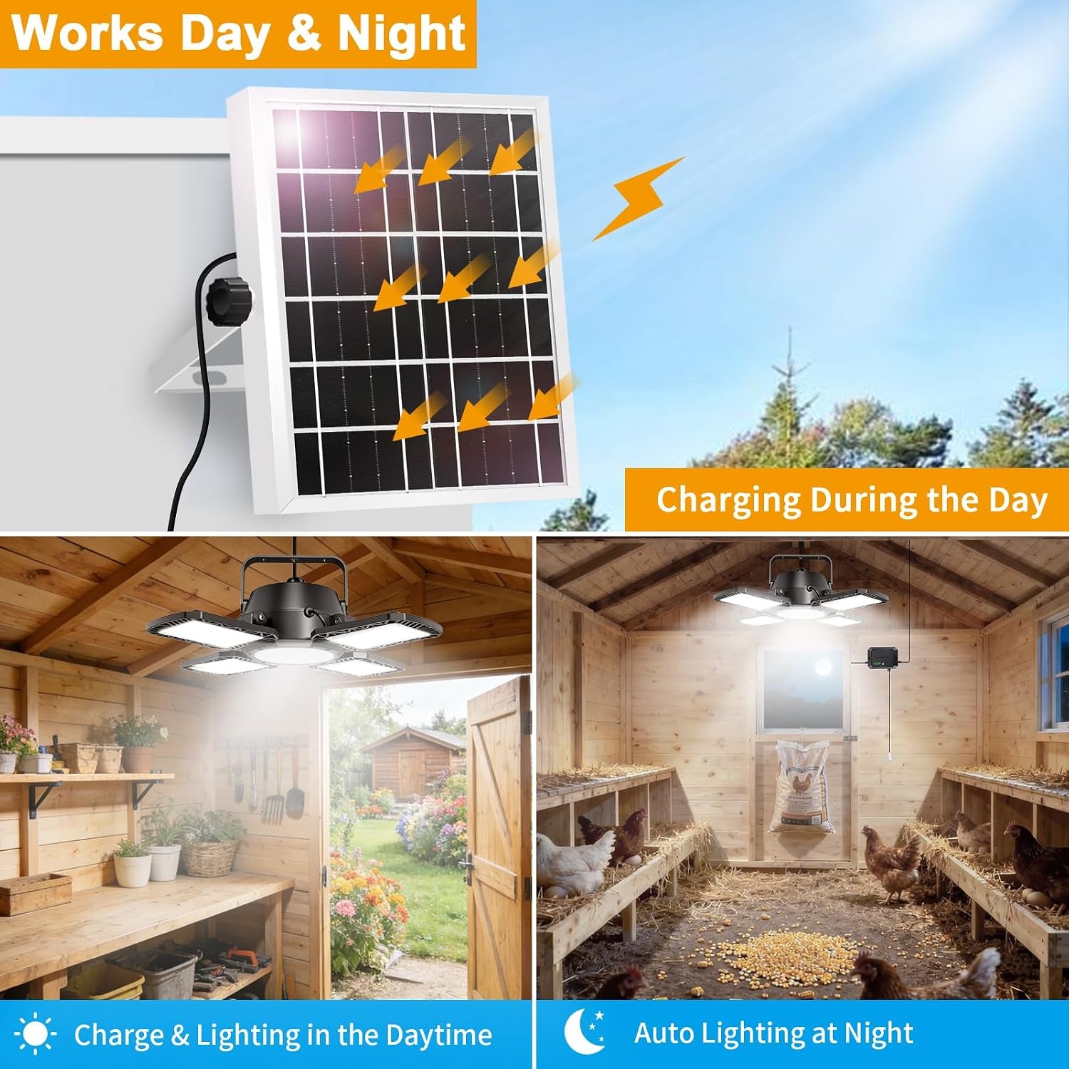 Solar Shed Lights Indoor Outdoor with Pull String, 2000LM Available All Day Solar Pendant Light, High/Low Brightness Switch Solar Lights Indoor, IP65 Waterproof for Gazebo, Shop, Garage